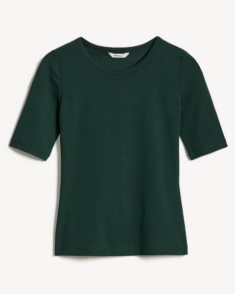 T-Shirt Ajusté à Manches aux Coudes et Col Rond