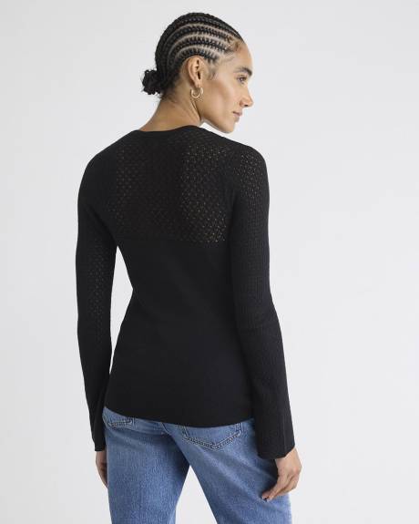 Pull à Manches Longues et Col Rond avec Empiècement en Mailles de Fantaisie