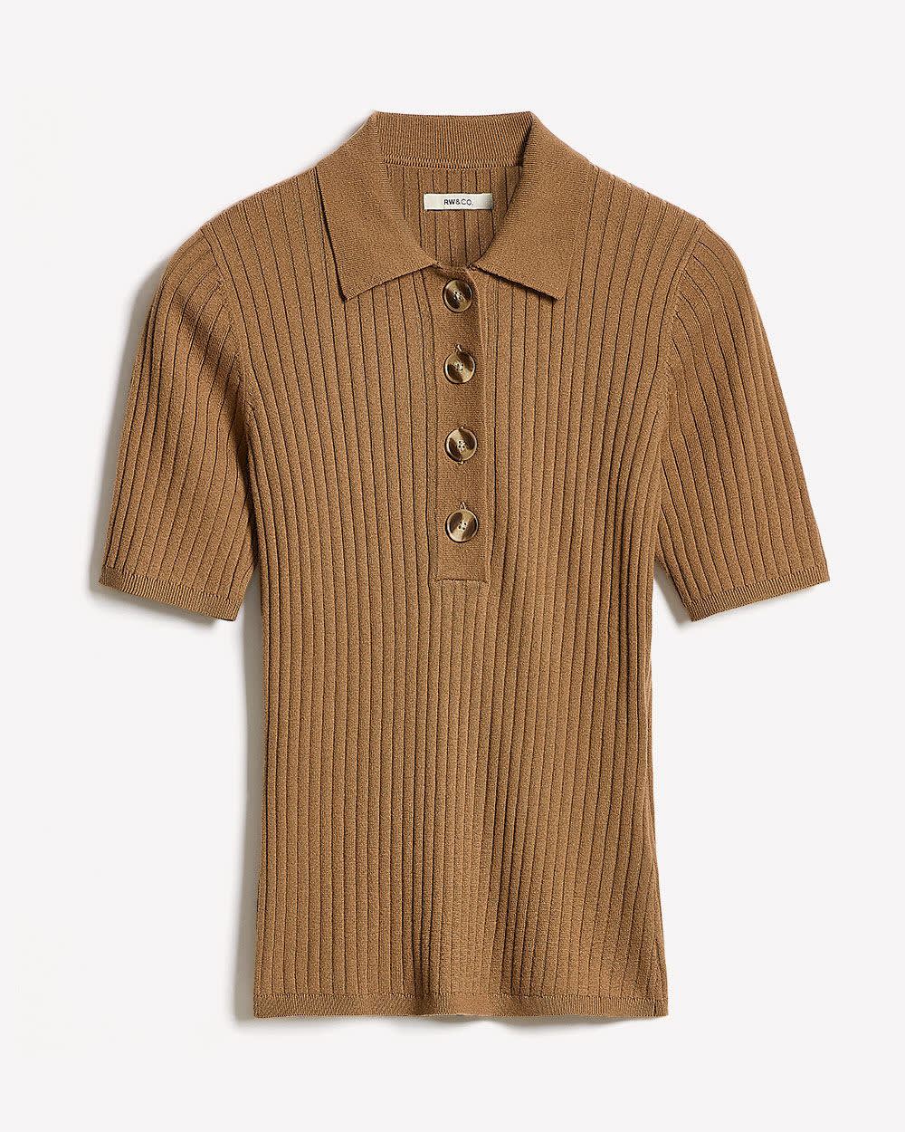 Elbow-Sleeve Ribbed Polo Sweater