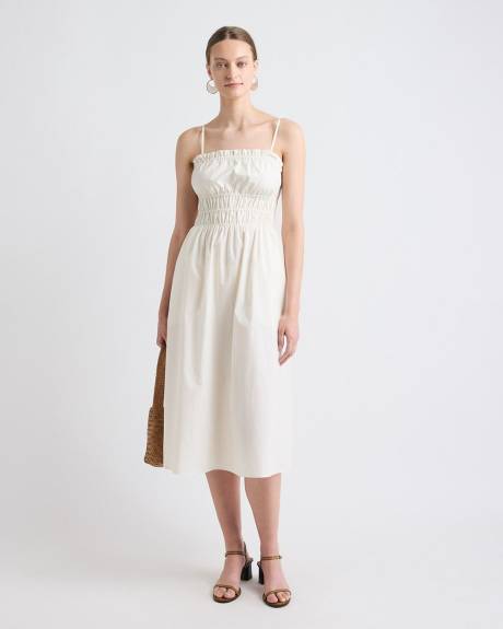 Sleeveless Fit-and-Flare Poplin Midi Dress with Smocked Top
