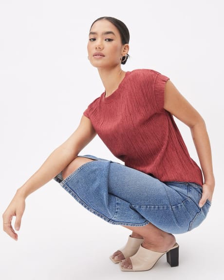 Crew-Neck Crinkled-Knit Tee with Cap Sleeves