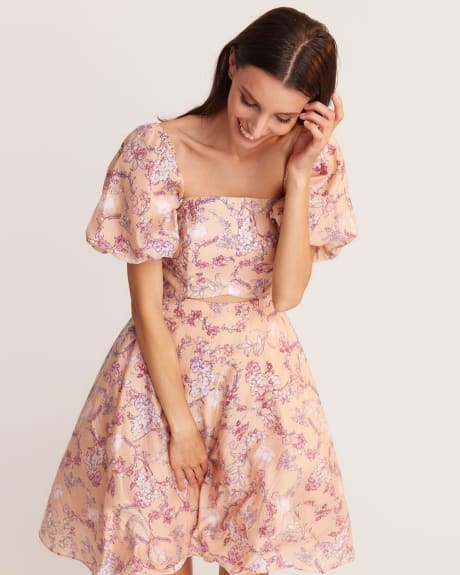 Tencel Voile Puffy Sleeve Fit and Flare Cocktail Dress