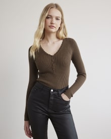 Long-Sleeve Ribbed Bodycon Sweater with V Neckline