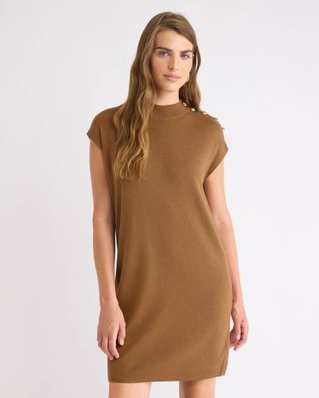 Extended-Sleeve Mock-Neck Mini-Dress with Buttons on Shoulder