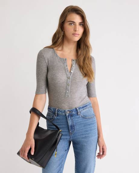 Wool-Blend Ribbed Elbow-Sleeve Henley Top