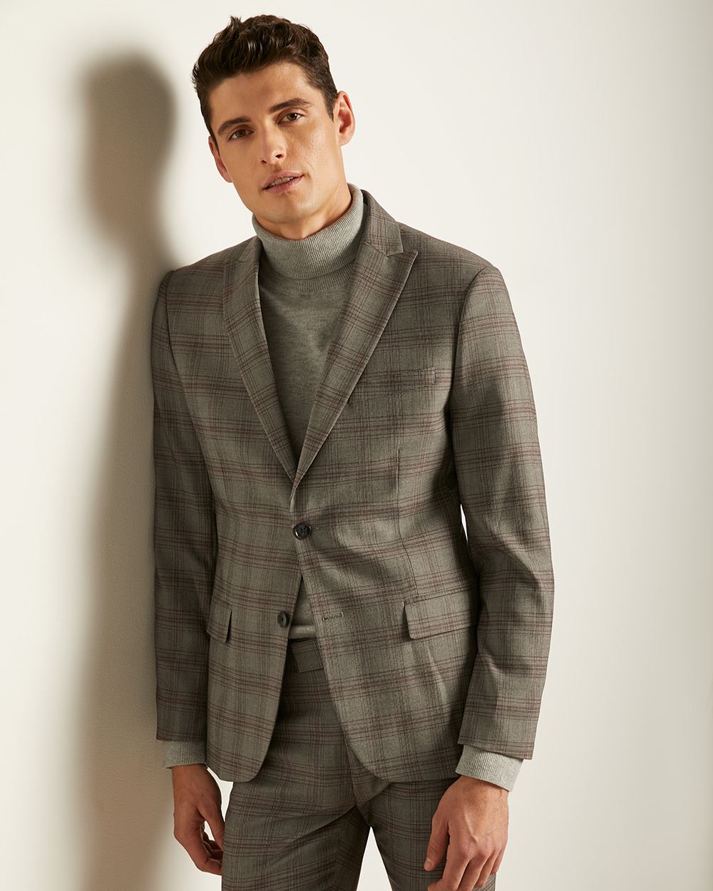 Slim Fit Grey with Burgundy Check Suit Blazer | RW&CO.