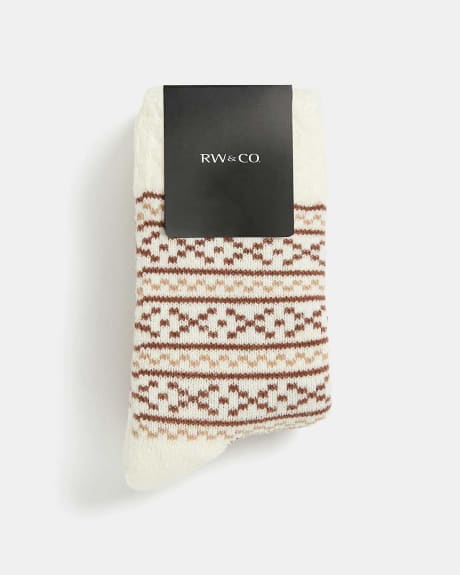 White Textured Knitted Socks with Cognac Pattern