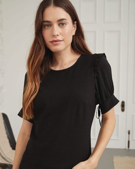Black Mixed-Media Crew-Neck Tee with Puffy Sleeves