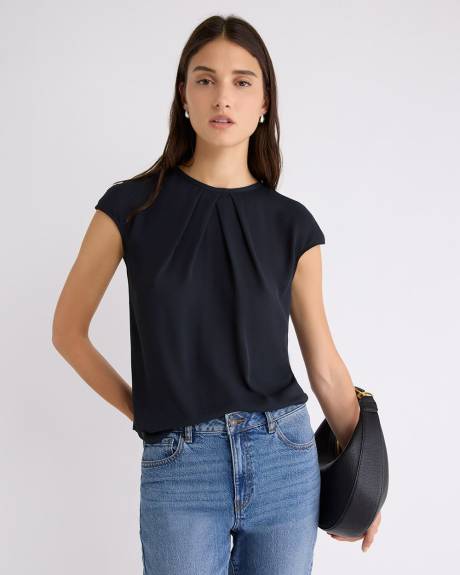 Mix-Media Extended-Sleeve Crew-Neck Blouse