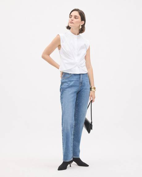 Sleeveless Buttoned-Down White Poplin Blouse with Twisted Detail