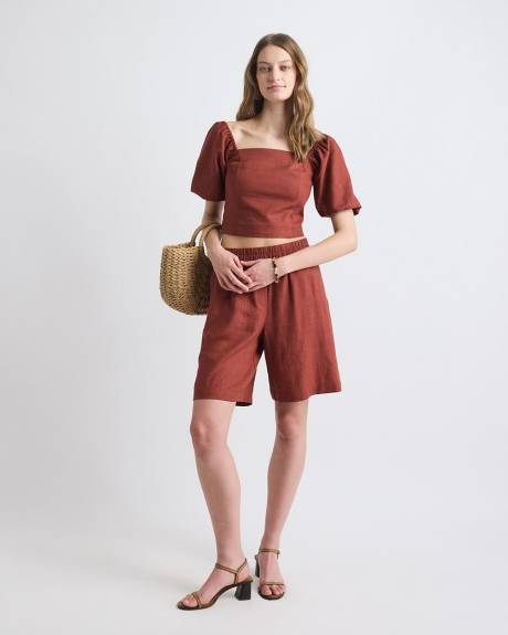 Linen-Blend Square-Neck Tube Top with Puffy Sleeves