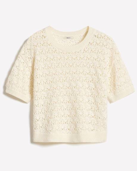 Pull à Col Rond et Manches Courtes en Mailles de Fantaisie