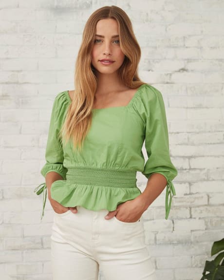 Cotton Voile Popover Blouse with Puffy 3/4 Sleeves and Embroidered Waist