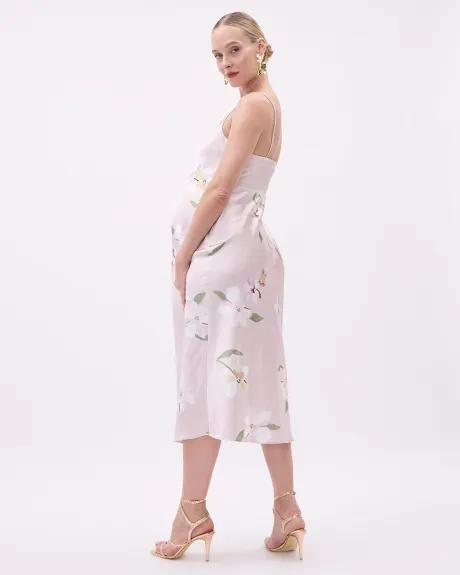 Sleeveless Satin Midi Dress with Floral Print - Thyme Maternity
