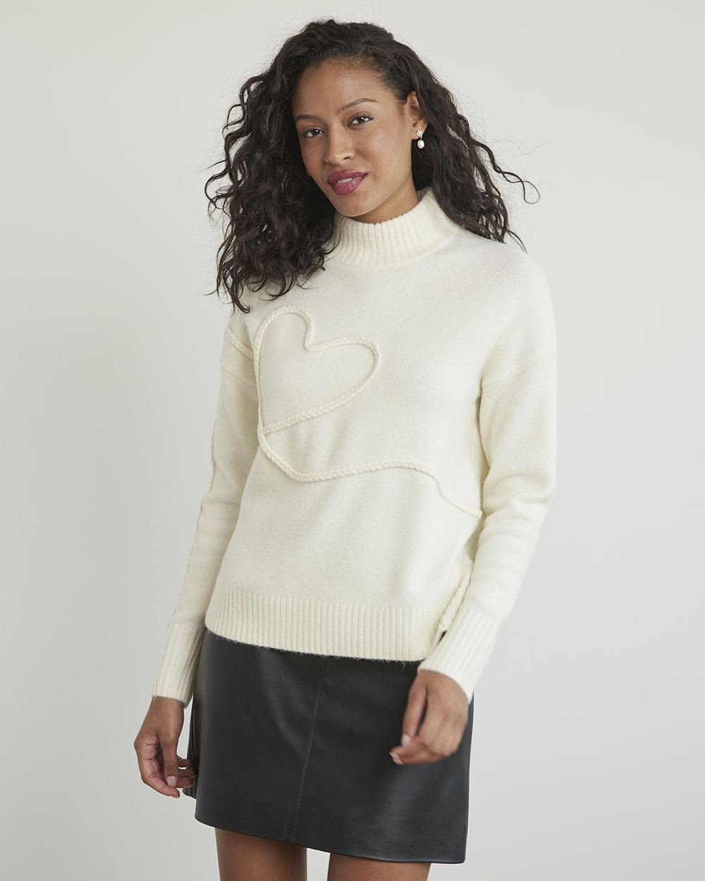 Long-Sleeve Mock-Neck Sweater with Braided Heart
