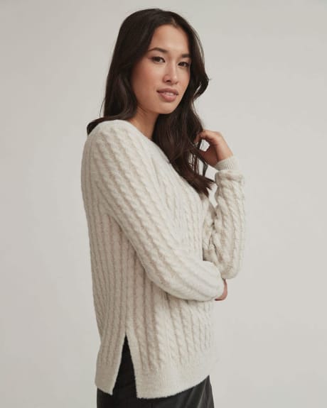 Two-Tone Cable Stitch Boat-Neck Pullover Sweater