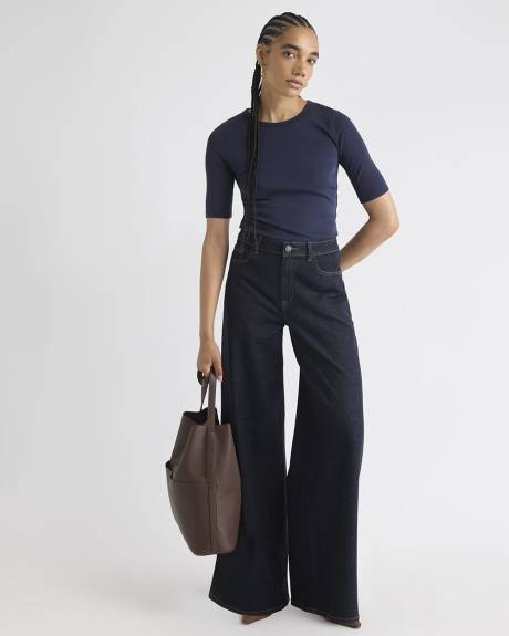 T-Shirt Ajusté à Manches aux Coudes et Col Rond