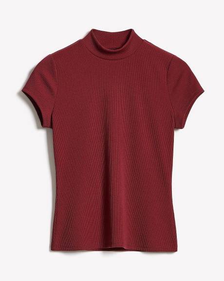 Cap-Sleeve Mock-Neck Ribbed Top