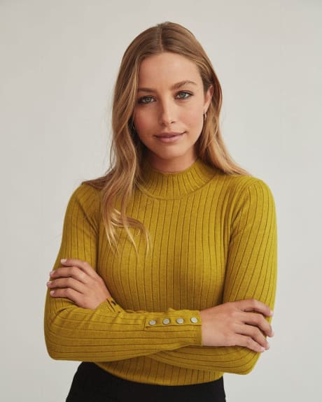 Wide Ribbed Mock-Neck Sweater with Buttoned Cuffs