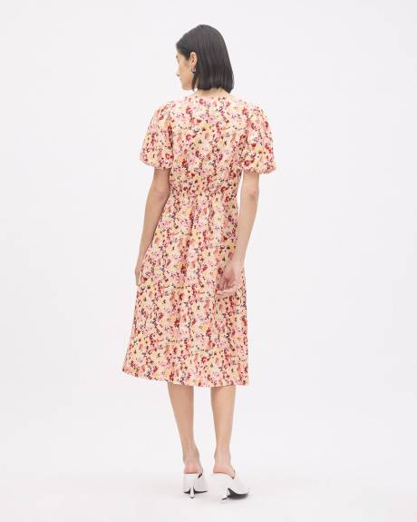 Robe Midi &agrave; Manches Courtes Bouffantes et Col V