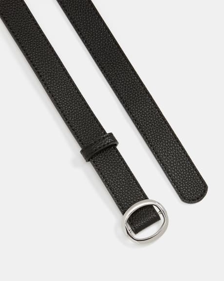 Slim Topstitched Belt with Oblong Buckle