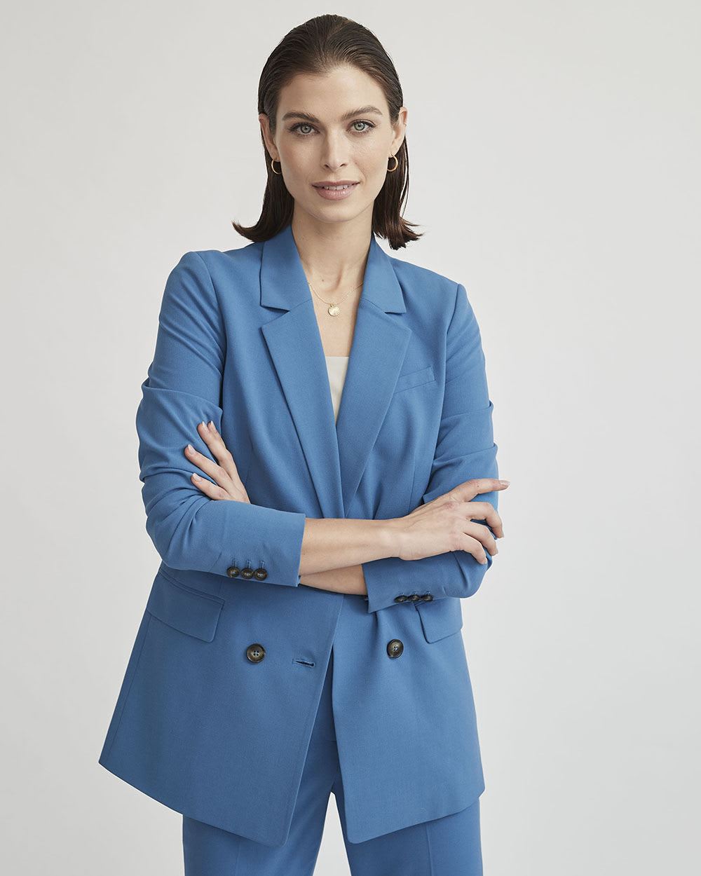 Azure Blue Relaxed Fit Double-Breasted Long Blazer