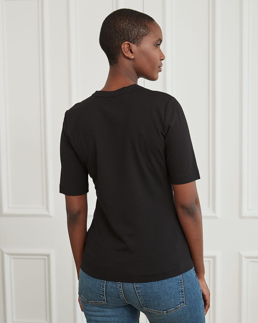 Fitted Elbow-Sleeve T-Shirt with Crew Neck