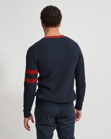 Crew-Neck Sweater with Stripes on Sleeve
