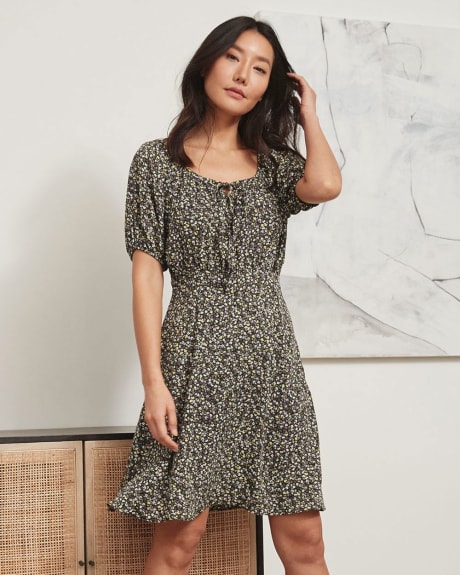 Soft Twill Fit & Flare Dress with Short Puffy Sleeves