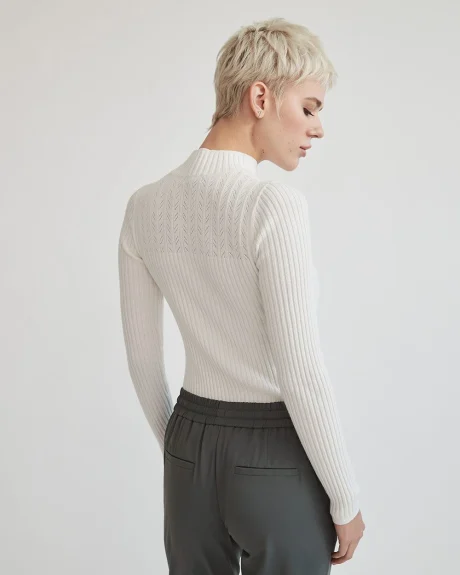 Fitted Mock-Neck Pointelle Pullover Sweater