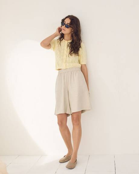 Short-Sleeve Crochet Top with Shirt Collar