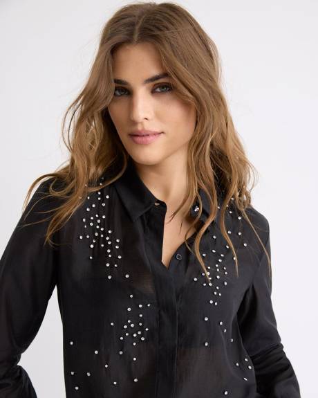 Long-Sleeve Buttoned-Down Blouse with Rhinestones