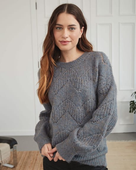 Crew Neck Sweater with All Over Pointelle Stitches