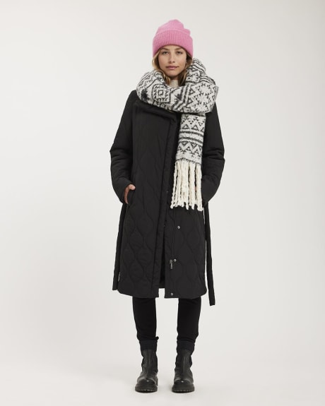 Asymmetrical Quilted Long Puffer Jacket with Belt