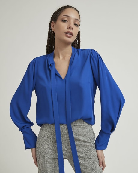 Twist Twill Long Pleated Sleeve Blouse with Neck Tie