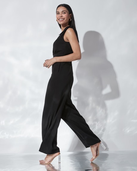 Twill Wrap V-Neck Cocktail Jumpsuit with Tie at Shoulder