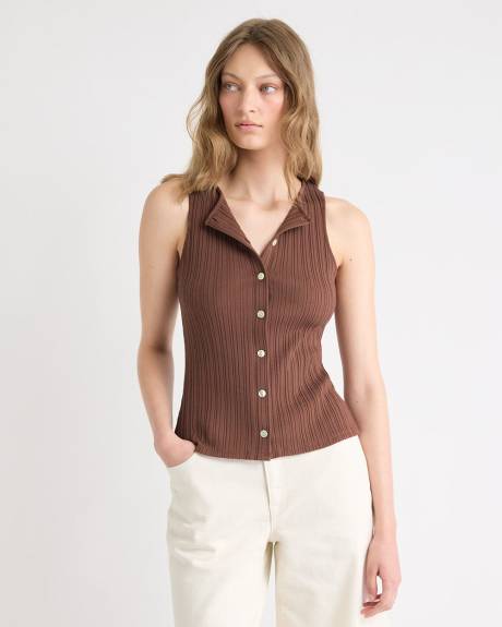 Sleeveless Crew-Neck Ribbed Buttoned-Down Top