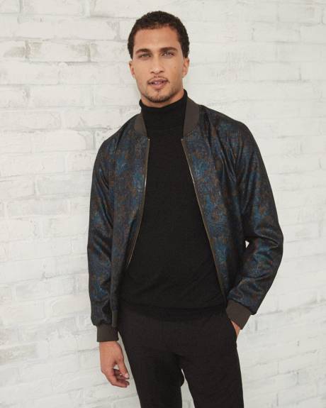 Navy Jacquard Bomber Jacket with Floral Pattern