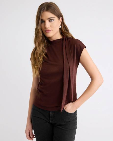 Extended-Sleeve Mock-Neck Top with Tie