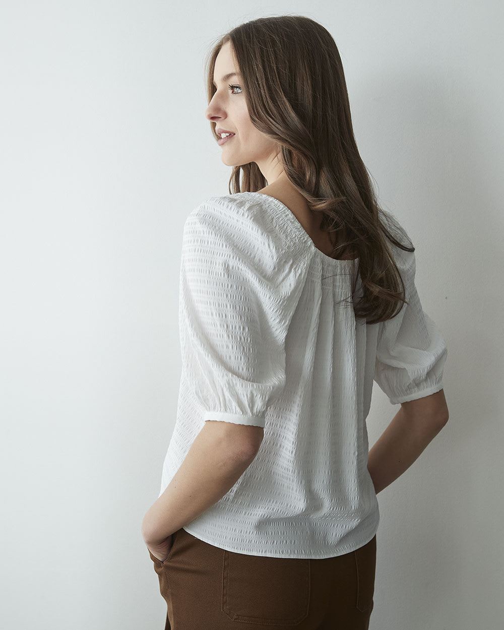 Textured Weave Puffy Sleeve Square-Neck Blouse