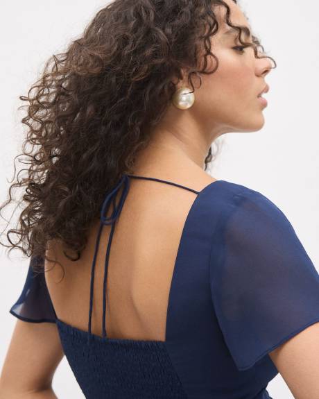 Short-Sleeve Midi Cocktail Dress with Square Neckline