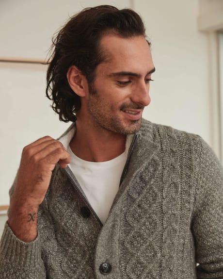 Mock-Neck Zipped Cardigan With Sherpa-Lined Collar