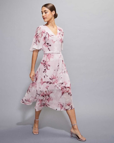 Fit and Flare Midi Cocktail Dress with Short Flutter Sleeves