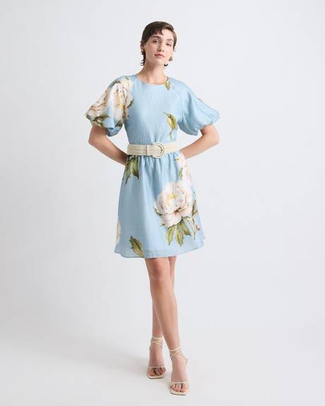 Robe Mini &agrave; Manches Courtes Bouffantes et Col Rond