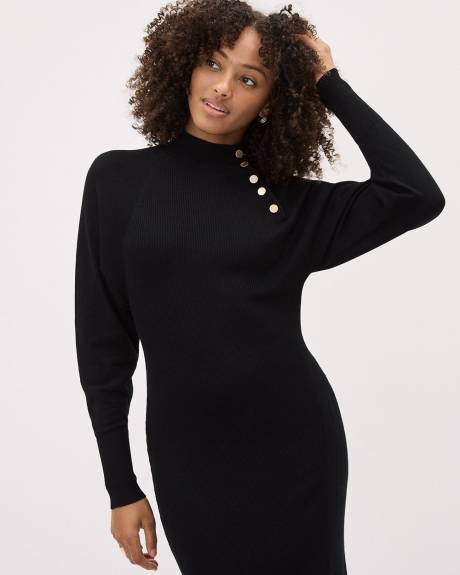 Long-Sleeve Mock-Neck Fitted Ribbed Midi Dress