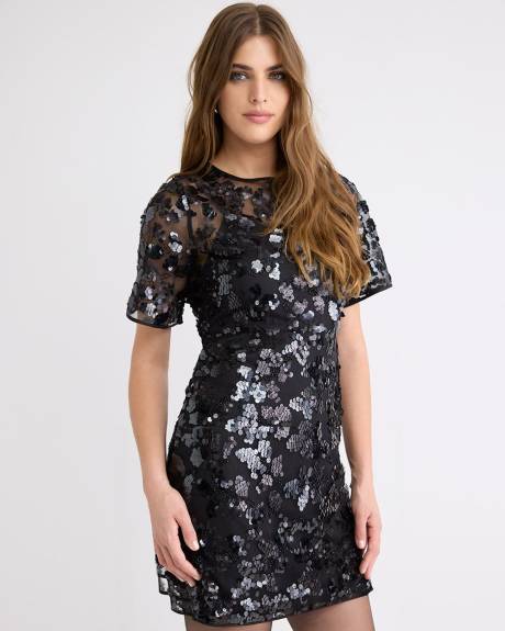 Robe Cocktail Mini à Paillettes à Manches Courtes