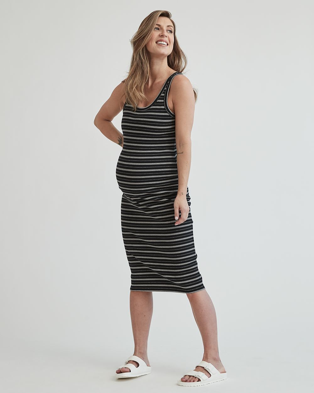 Striped Knit Rib Crew-Neck Sleeveless Dress - Thyme Maternity | RW&CO.
