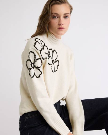 Long-Sleeve Mock-Neck Sweater with Embroidered Pattern
