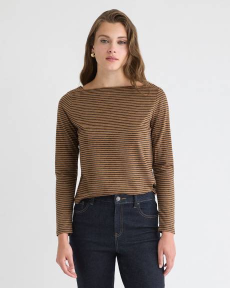 Striped Long-Sleeve Boat-Neck Top