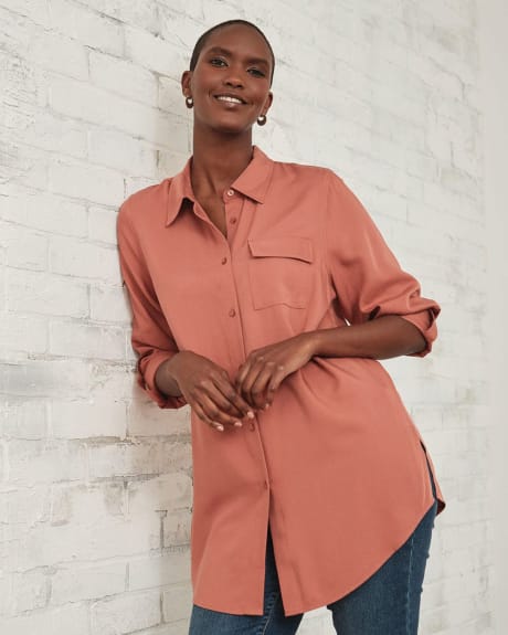 Long Sleeve Twill Button Down Blouse with Pocket